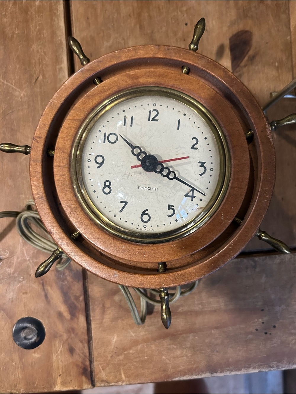 Nautical Ship Wheel Wall Clock in Brown and Brass